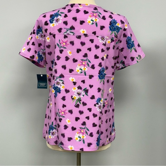 NWT Cherokee Scrub Top S Purple Spring Flowers & Hearts Scrubs Medical Uniform - Picture 2 of 6